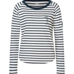 super.natural - Women's Sea Horse Stripe Bio Crew - Merinolongsleeve Fresh White / Navy Stripe / Salute Hot